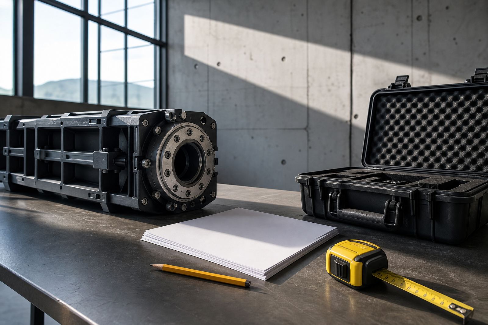 Industrial hardware, review materials, and a safety-yellow measuring tape on a work table.